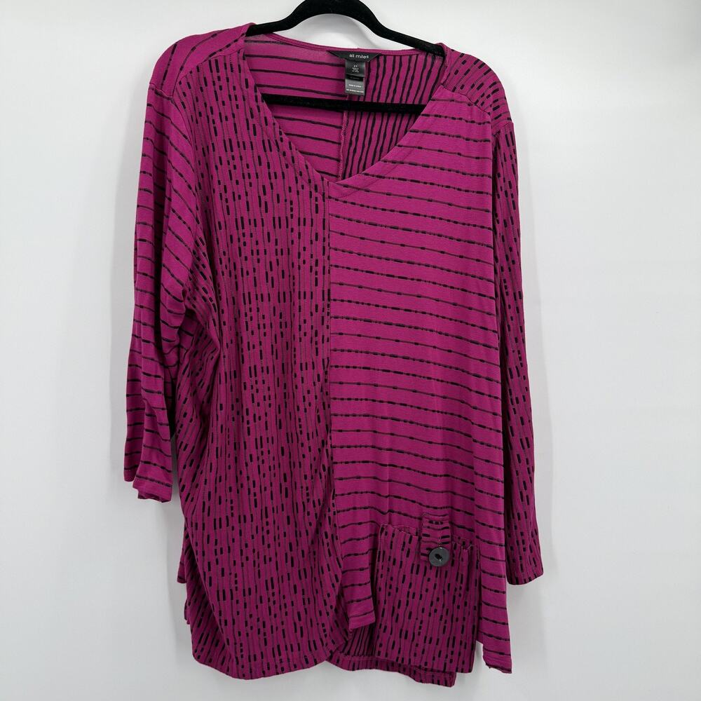 Ali Miles Shirt Womens 2X Pink‎ Black Asymmetrical Tunic Pocket Stretch Top